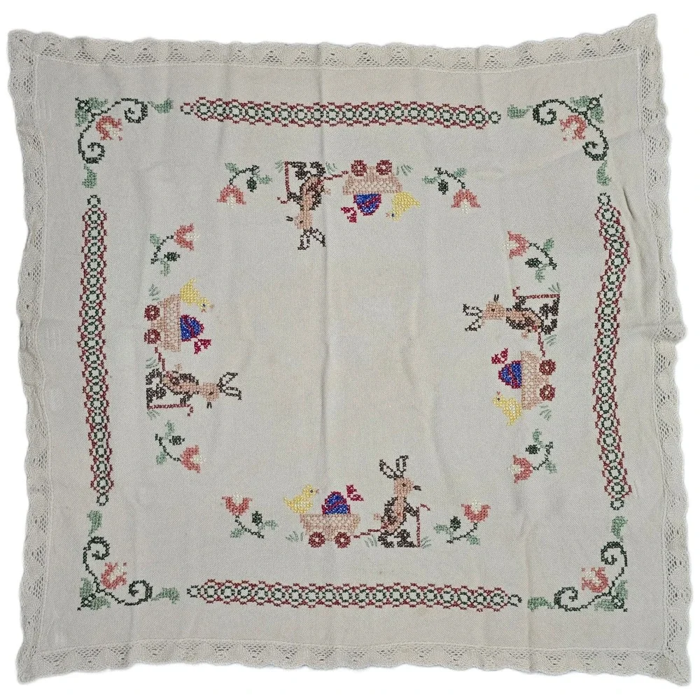 Vintage Handmade Embroidered Donkey Cart Floral Tablecloth Cottagecore Decor (V)